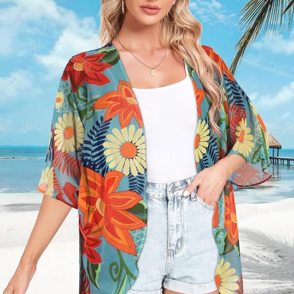 Women Kimono Cardigans Casual Summer Tops Cover up Open Front Floral Print Resor - Picture 3 of 5